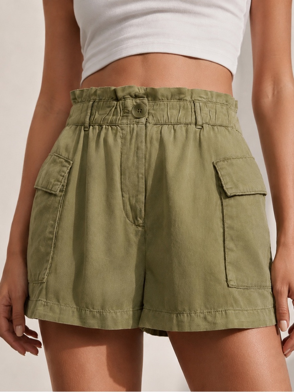 Lefties 100% Lyocell Olive Paperbag Cargo Shorts Size M Utility Safari